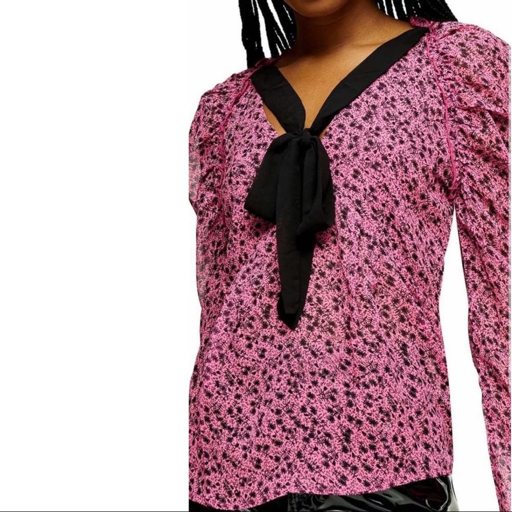 TopShop Prairie Blouse Pink with Black Bow Size 4